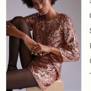 NWT Anthropologie sequined 2 piece short and top set in pink rose gold